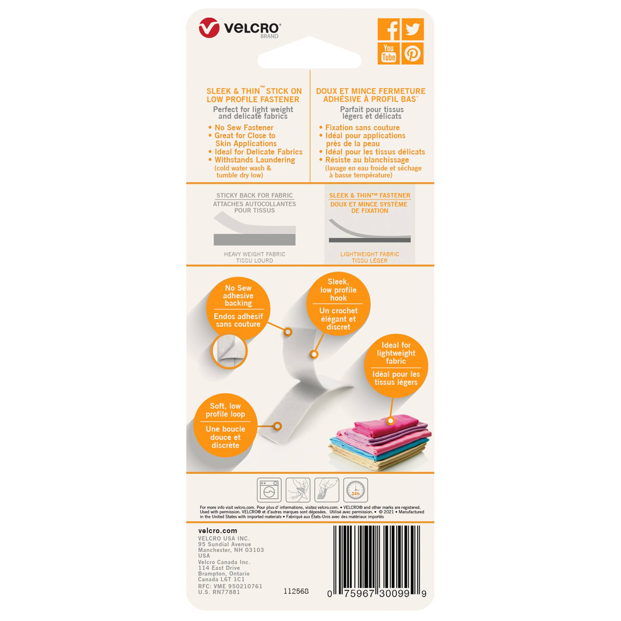 VELCRO® Brand Sleek & Thin™ Stick On White Fastener Roll